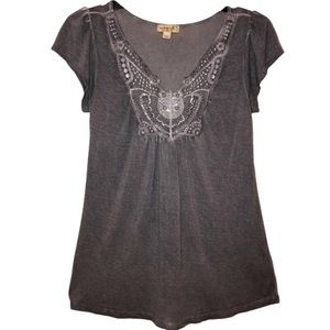 𝅺one World Grey Gathered Embellished Short Sleeve V Neck Tee Size Small